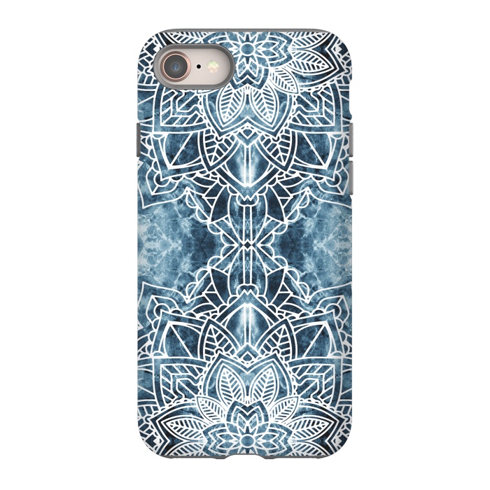 iPhone 8 StrongFit White lace floral mandala on blue marble by Oana 