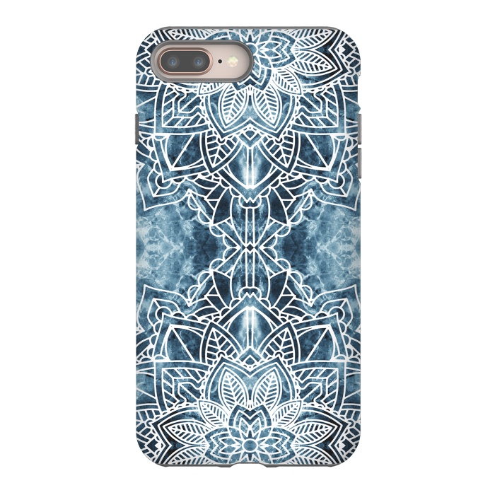 iPhone 8 plus StrongFit White lace floral mandala on blue marble by Oana 