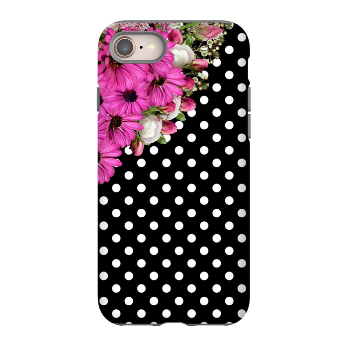 iPhone 8 StrongFit Black and White Polka Dots and Pink Flowers by Alemi