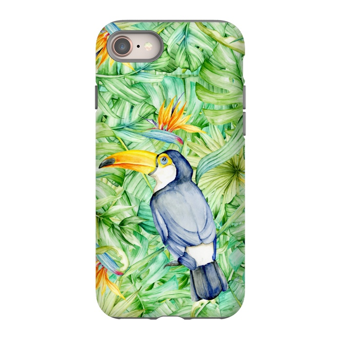 iPhone 8 StrongFit Toucan Tropical Leaves Watercolor by Alemi