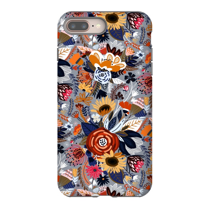 iPhone 8 plus StrongFit Popping Floral - Orange and Navy  by Tigatiga