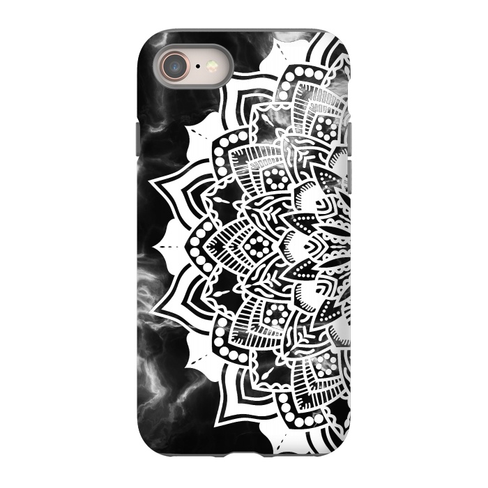 iPhone 8 StrongFit White floral line art mandala on black marble by Oana 