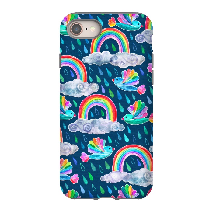 iPhone 8 StrongFit Watercolor Rainbow Birds on Navy by Micklyn Le Feuvre