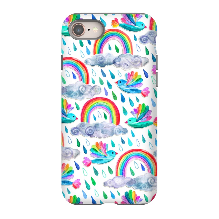 iPhone 8 StrongFit Happy Rainbow Birds on White by Micklyn Le Feuvre