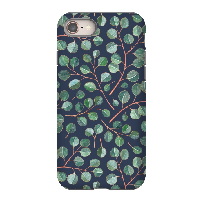 iPhone 8 StrongFit Simple Silver Dollar Eucalyptus Leaves on Navy Blue  by Micklyn Le Feuvre