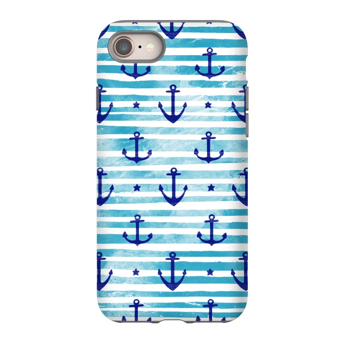 iPhone 8 StrongFit Blue watercolor anchors and stripes nautical pattern by Oana 