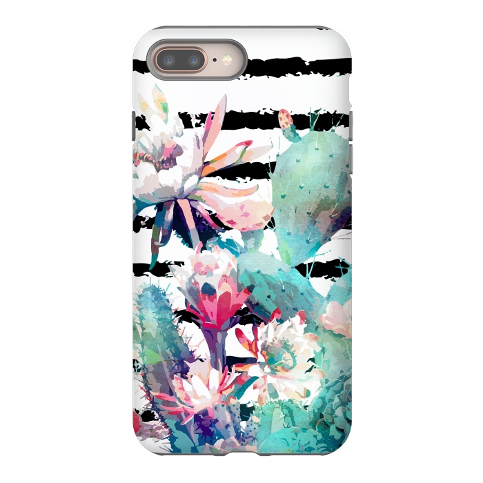 iPhone 8 plus StrongFit Pretty watercolor cactus floral and stripes design by InovArts