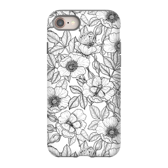 iPhone 8 StrongFit Dog rose and butterflies b&w by Katerina Kirilova