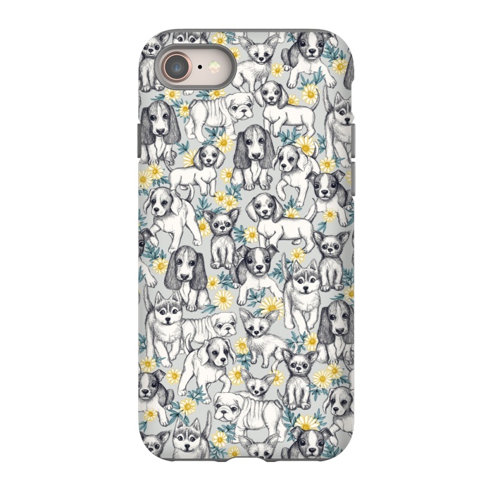iPhone 8 StrongFit Dogs and Daisies on Grey by Micklyn Le Feuvre