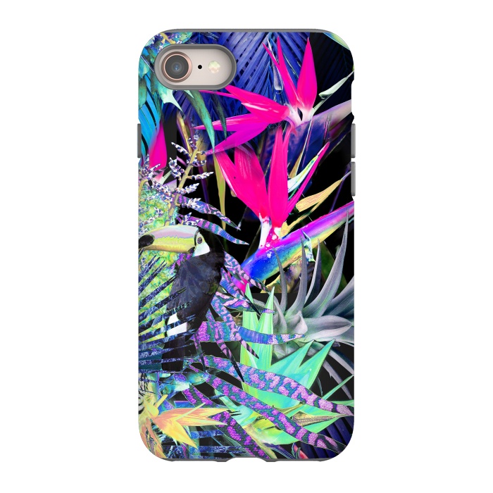 iPhone 8 StrongFit Colorful neon toucan and strelitzia jungle pattern by Oana 