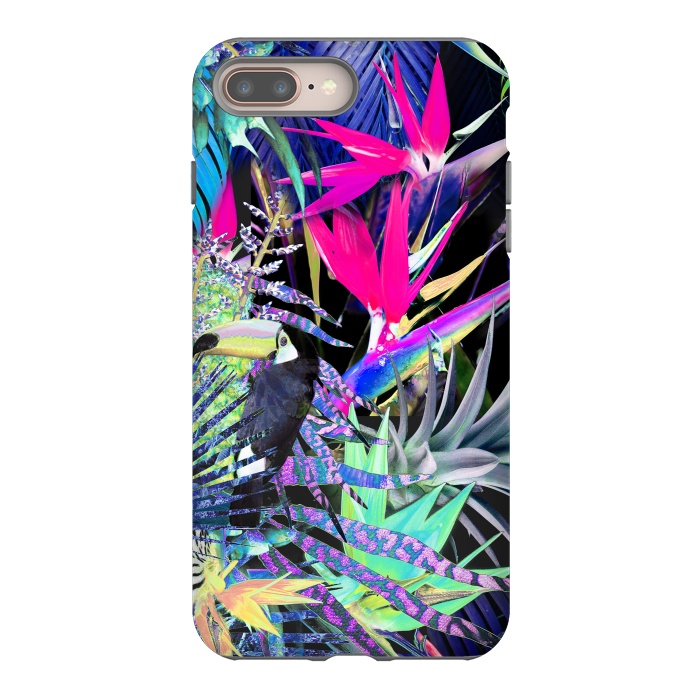 iPhone 8 plus StrongFit Colorful neon toucan and strelitzia jungle pattern by Oana 