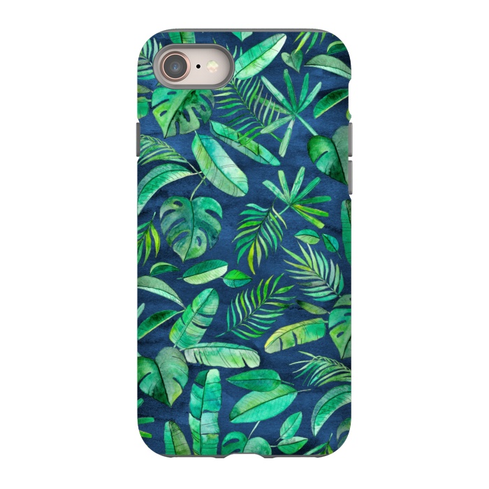 iPhone 8 StrongFit Emerald Tropical Leaf Scatter on textured Navy Blue by Micklyn Le Feuvre