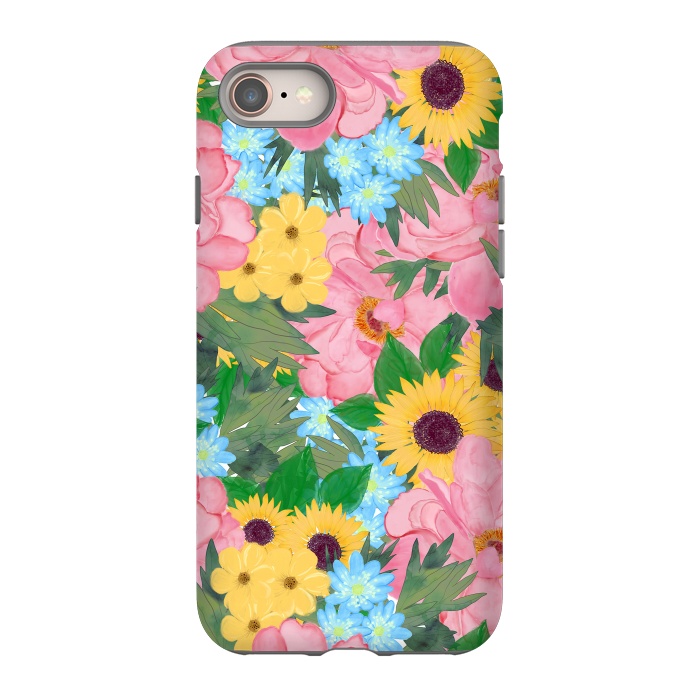 iPhone 8 StrongFit Trendy Pink Peonies Yellow Sunflowers Watercolor paint by InovArts