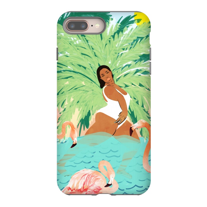iPhone 8 plus StrongFit Tropical Summer Water Yoga with Palm & Flamingos | Woman of Color Black Woman Body Positivity by Uma Prabhakar Gokhale