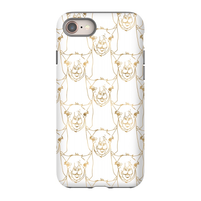 iPhone 8 StrongFit Cute Gold Strokes Llama Animal White Pattern by InovArts