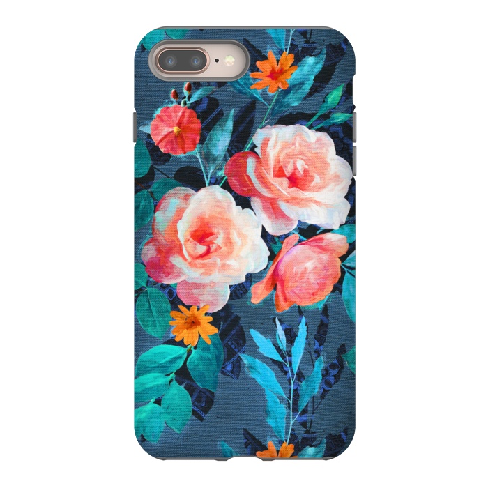 iPhone 8 plus StrongFit Retro Rose Chintz in Radiant Coral on Blue by Micklyn Le Feuvre