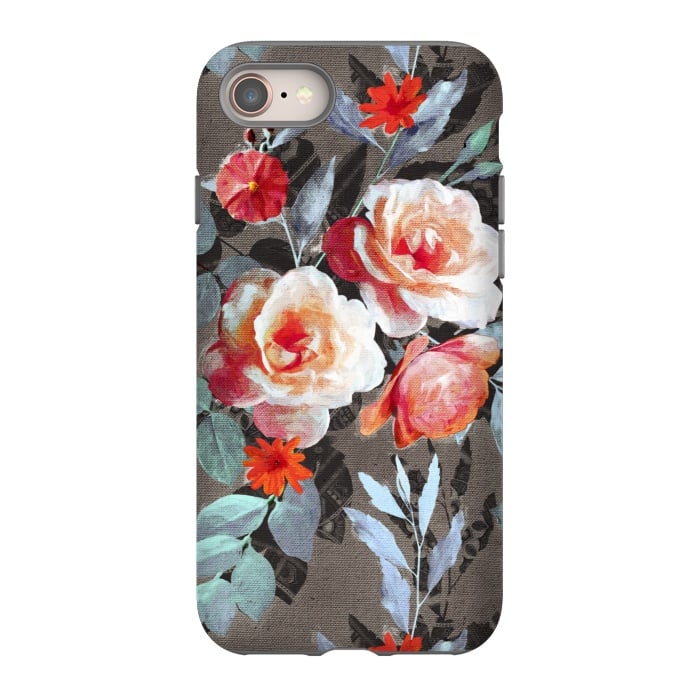 iPhone 8 StrongFit Retro Rose Chintz in Scarlet, Peach, Sage and Grey by Micklyn Le Feuvre