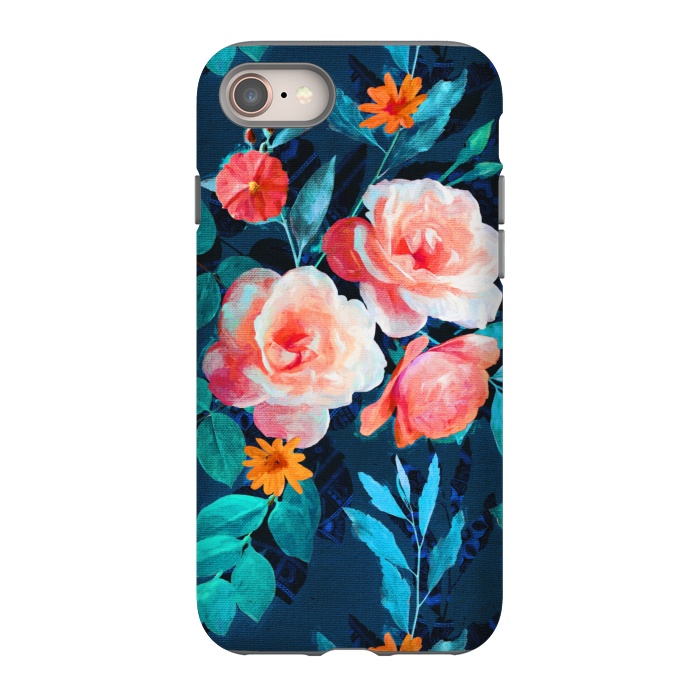 iPhone 8 StrongFit Retro Rose Chintz in Bright Coral and Peach on Indigo Blue by Micklyn Le Feuvre