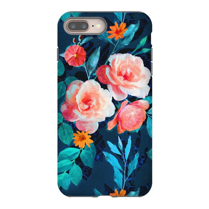 iPhone 8 plus StrongFit Retro Rose Chintz in Bright Coral and Peach on Indigo Blue by Micklyn Le Feuvre