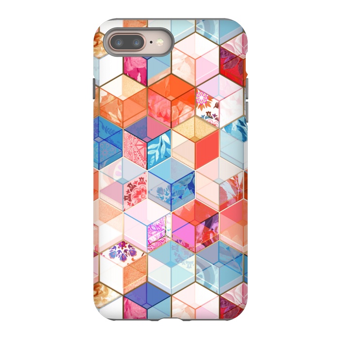 iPhone 8 plus StrongFit Coral, Cream and Cobalt Kaleidoscope Cubes by Micklyn Le Feuvre