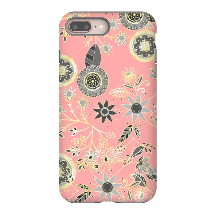 iPhone 8 plus StrongFit Elegant Gray and Pink Folk Floral Golden Design by InovArts
