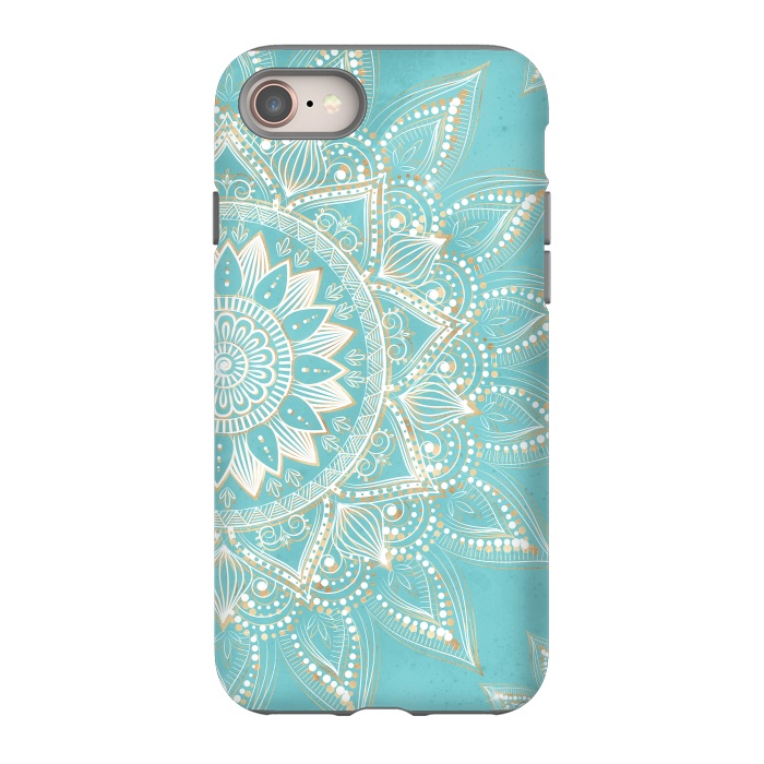 iPhone 8 StrongFit Elegant White Gold Mandala Sky Blue Design by InovArts