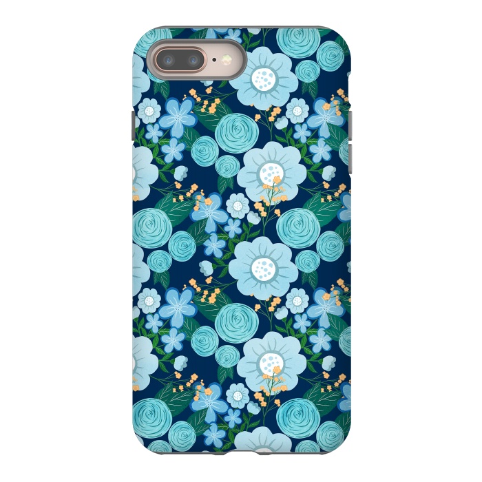 iPhone 8 plus StrongFit Cute Girly Blue Hand Drawn Flowers Pattern by InovArts