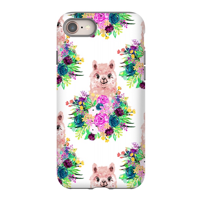 iPhone 8 StrongFit Cute Pink Alpaca and Flowers Watercolor paint by InovArts