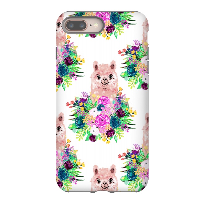 iPhone 8 plus StrongFit Cute Pink Alpaca and Flowers Watercolor paint by InovArts