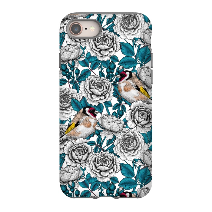 iPhone 8 StrongFit White rose flowers and goldfinch birds by Katerina Kirilova
