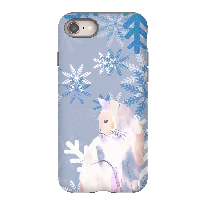 iPhone 8 StrongFit Cat and metallic blue snowflakes watercolor illustration by Oana 