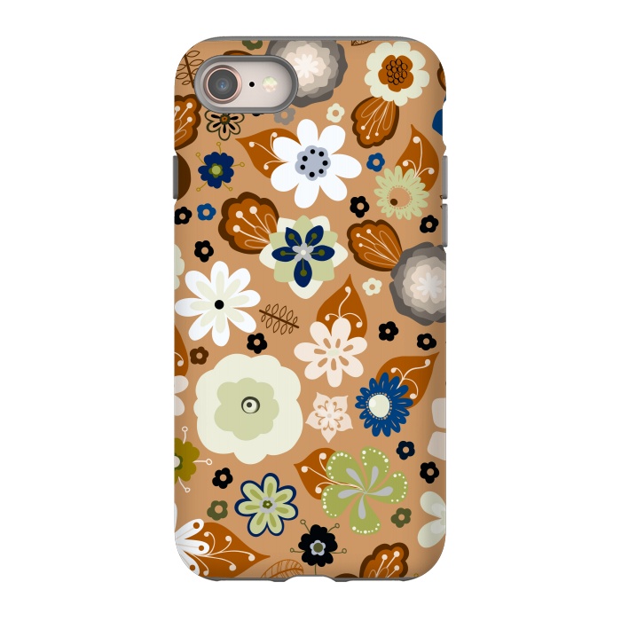 iPhone 8 StrongFit Kitsch 70s Flowers in Classic Blue and Brown by Paula Ohreen