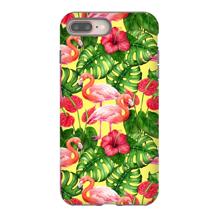 iPhone 8 plus StrongFit Flamingo birds and tropical garden watercolor 2 by Katerina Kirilova