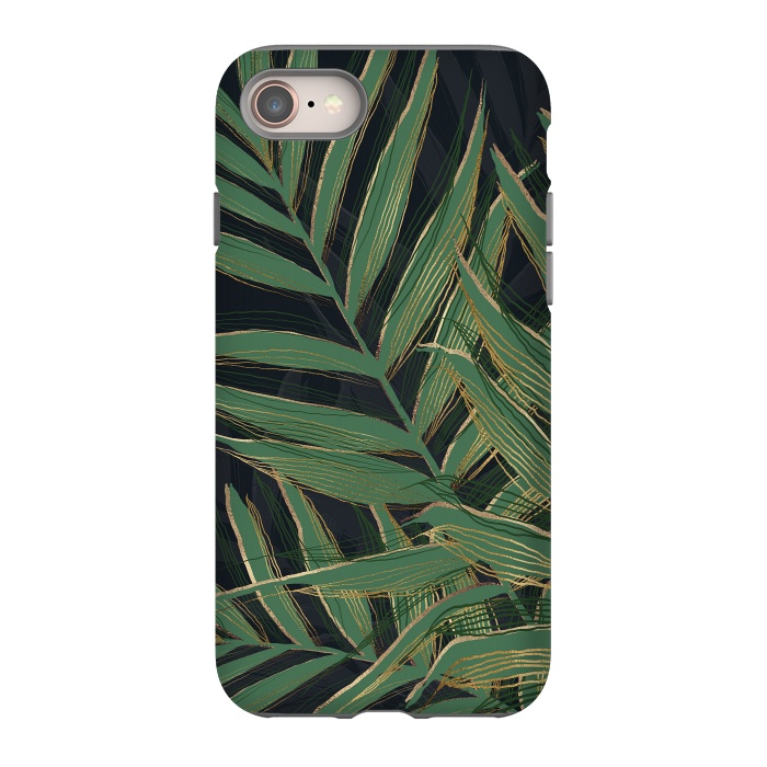 iPhone 8 StrongFit Trendy Green Palm Leaves Gold Strokes Gray Design by InovArts