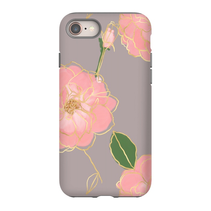 iPhone 8 StrongFit Elegant Pink & Gold Watercolor Roses Gray Design by InovArts