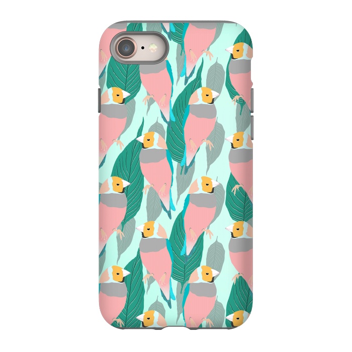 iPhone 8 StrongFit Trendy Pink Rainbow Finch Bird & Green Foliage Design by InovArts