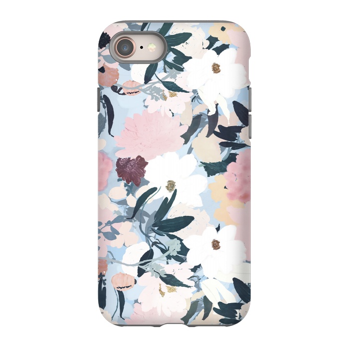 iPhone 8 StrongFit Pretty Grayish Blue Watercolor Pink & White Floral Design by InovArts