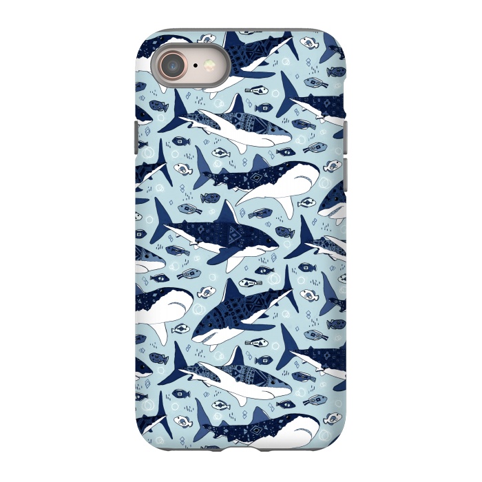 iPhone SE StrongFit Tribal Sharks & Fish On Baby Blue  by Tigatiga