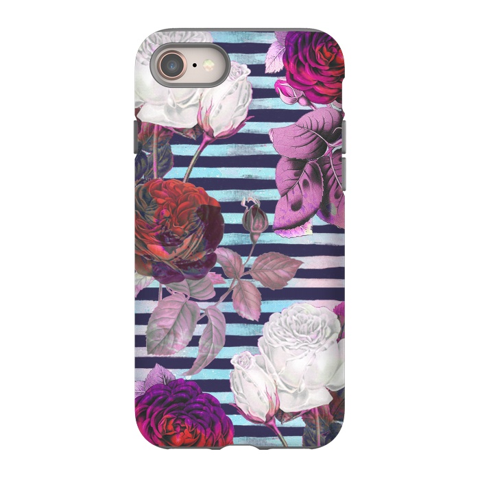 iPhone SE StrongFit Roses on blue watercolor stripes botanical illustration by Oana 