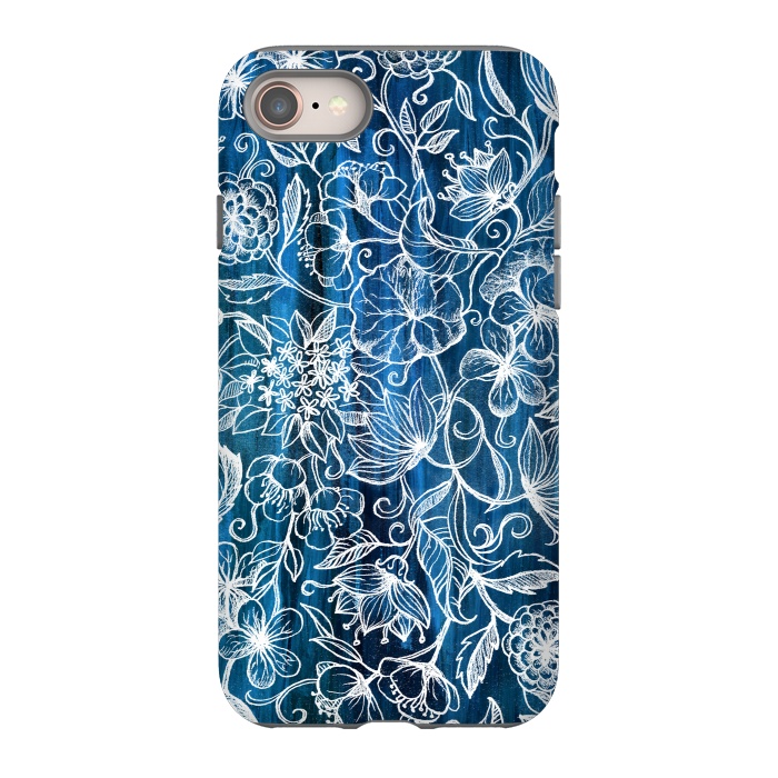iPhone SE StrongFit In Her Garden - white floral drawing on blue by Micklyn Le Feuvre
