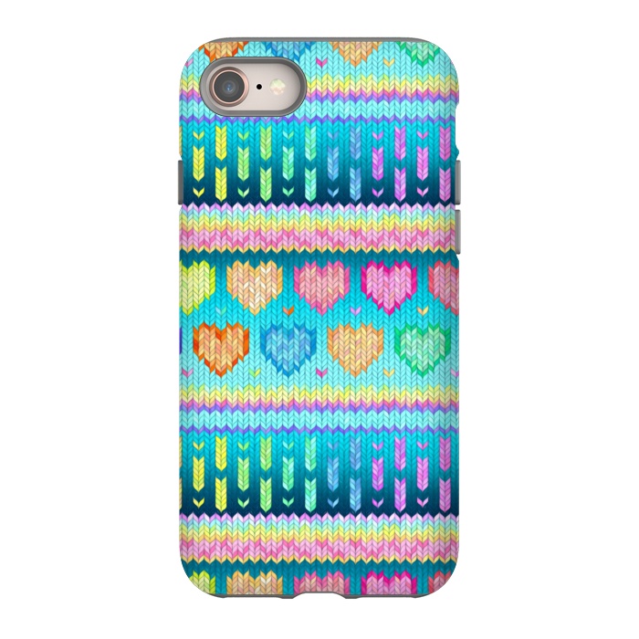 iPhone SE StrongFit Cozy Knit with Rainbow Hearts on Teal Blue by Micklyn Le Feuvre
