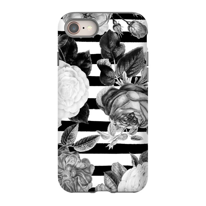 iPhone SE StrongFit Black and white roses botanical illustration on black stripes by Oana 