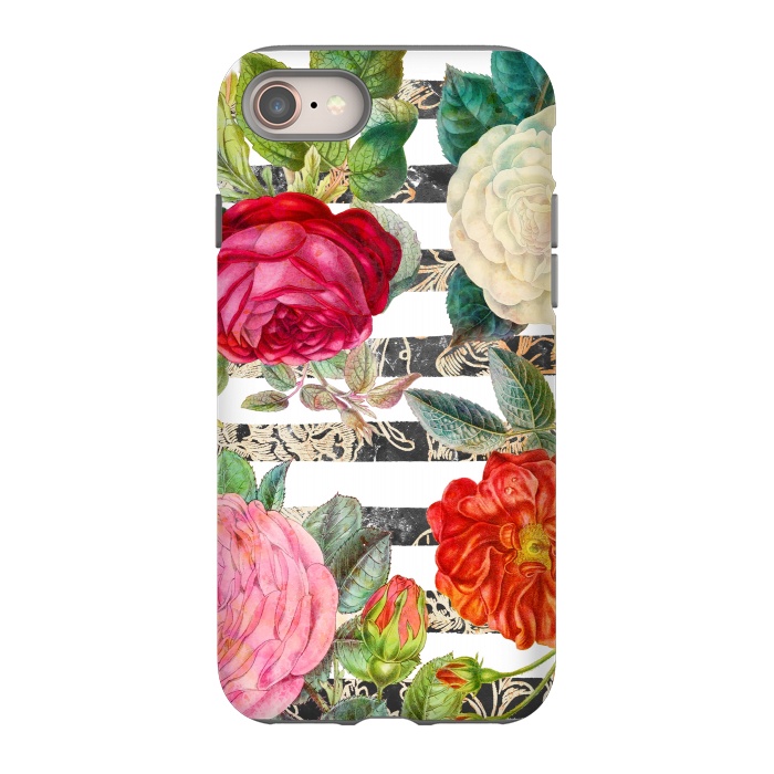 iPhone SE StrongFit Colorful roses botanical illustration on white stripes by Oana 