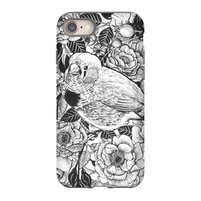 iPhone SE StrongFit Zebra finch and rose bush ink drawing by Katerina Kirilova