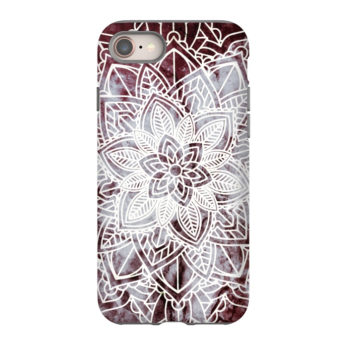 iPhone SE StrongFit white line art floral mandala on burgundy marble by Oana 