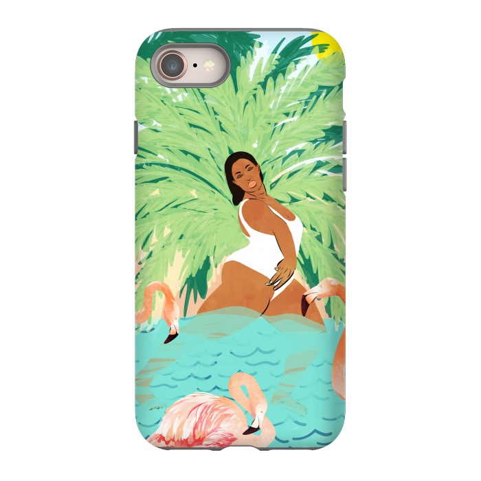 iPhone SE StrongFit Tropical Summer Water Yoga with Palm & Flamingos | Woman of Color Black Woman Body Positivity by Uma Prabhakar Gokhale