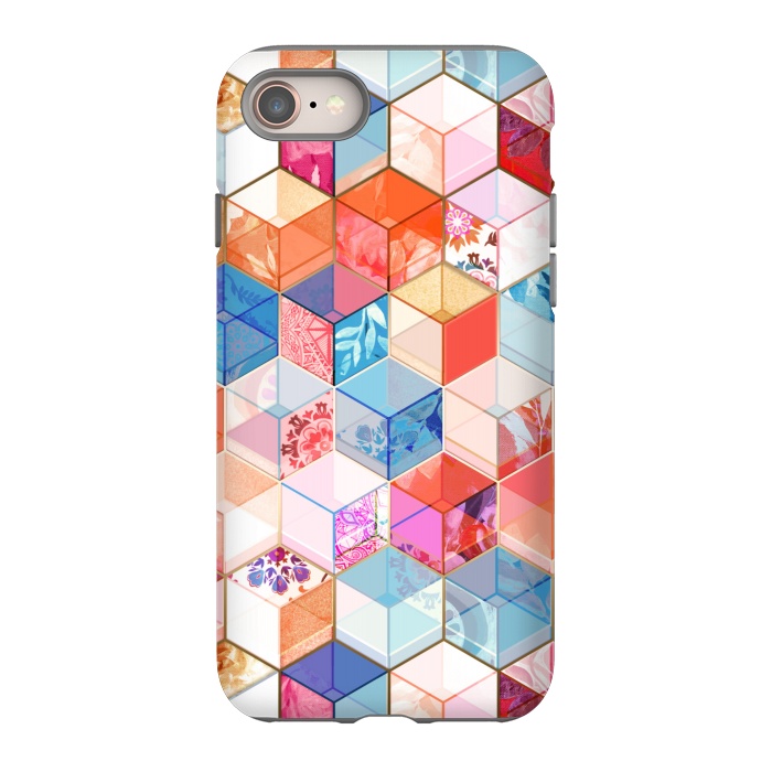 iPhone SE StrongFit Coral, Cream and Cobalt Kaleidoscope Cubes by Micklyn Le Feuvre