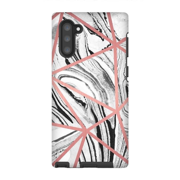 Galaxy Note 10 StrongFit White marble with black stripes and rose gold triangles by Oana 