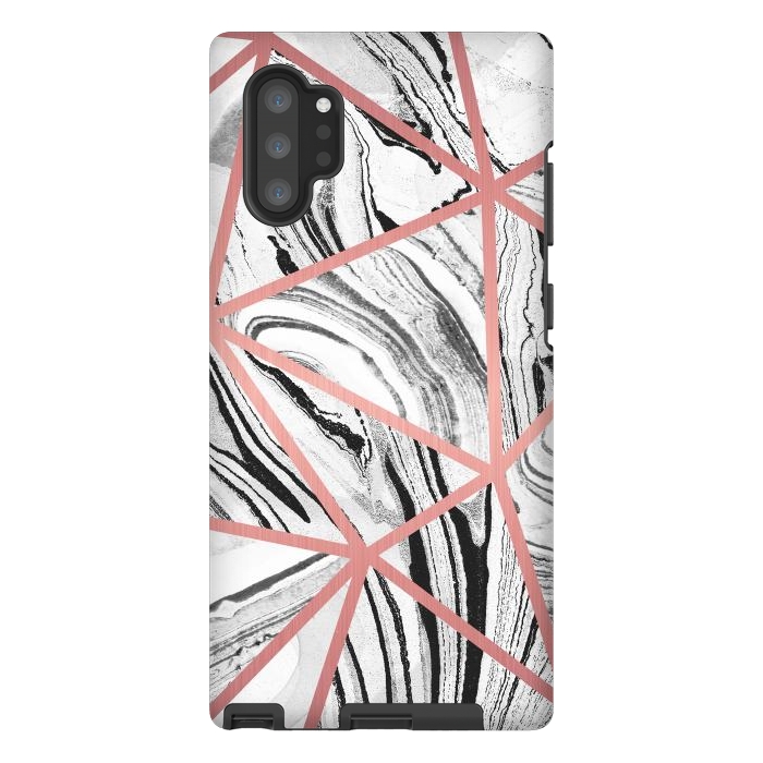 Galaxy Note 10 plus StrongFit White marble with black stripes and rose gold triangles by Oana 