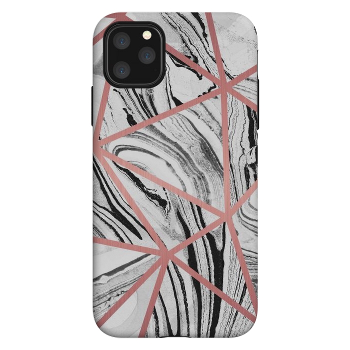 iPhone 11 Pro Max StrongFit White marble with black stripes and rose gold triangles by Oana 